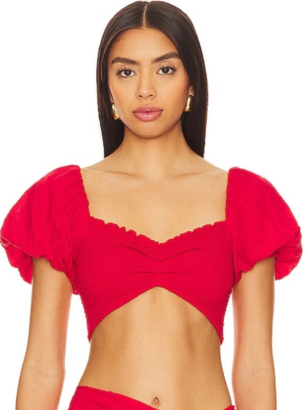 Smocked Red Puff-Sleeve Cropped Top